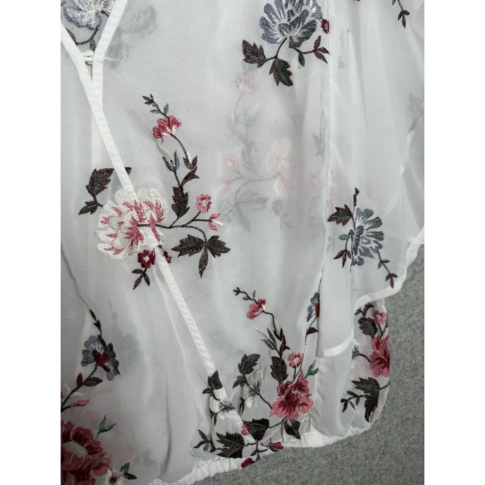 Lucky Brand XL Womens Top Sheer Embroidered Vneck White Floral Boho Cottage - Picture 5 of 16